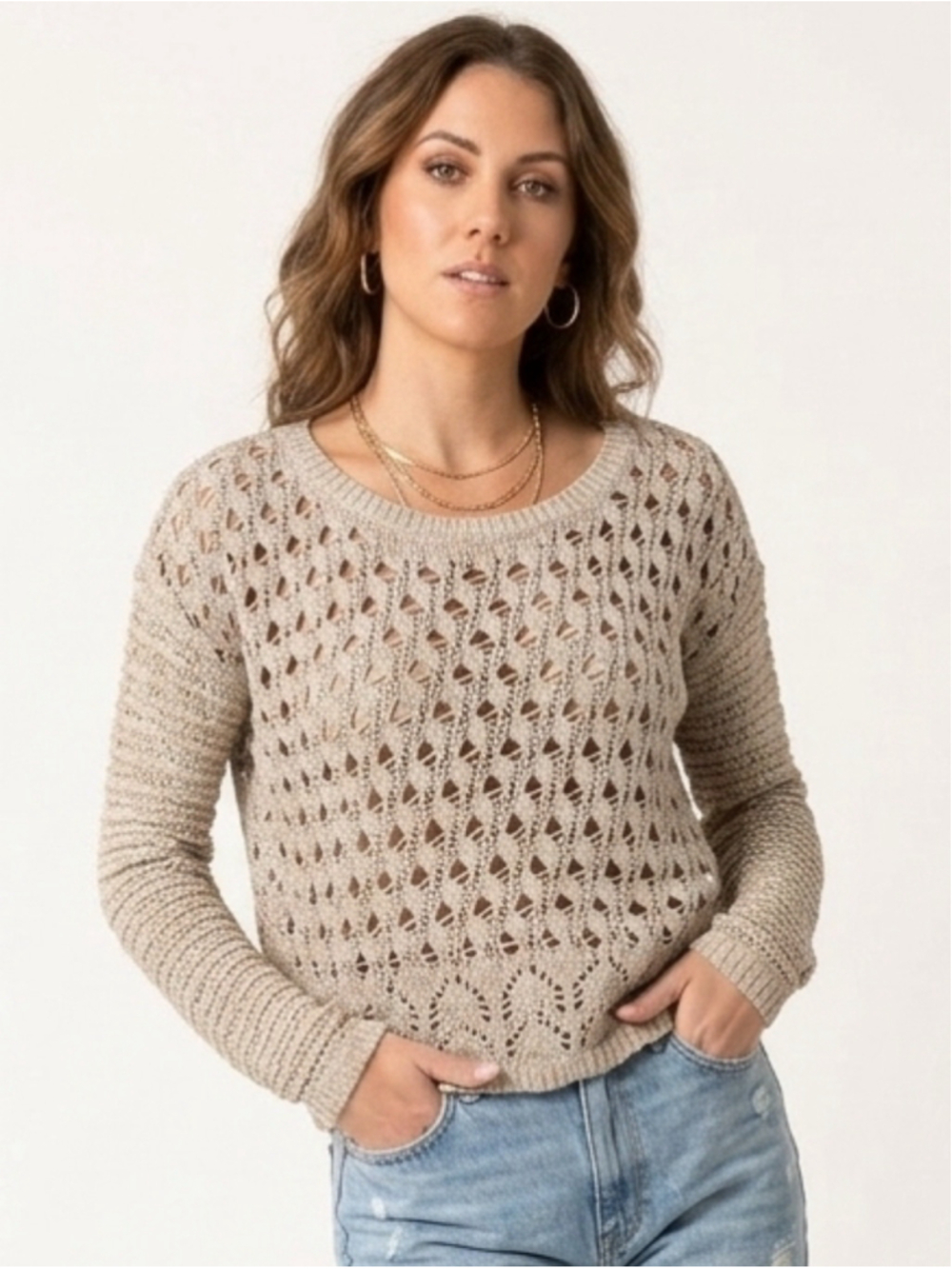 Women's Hollister Open Knit Crochet Scoop Neck Sweater Beige Tan Size M - 795